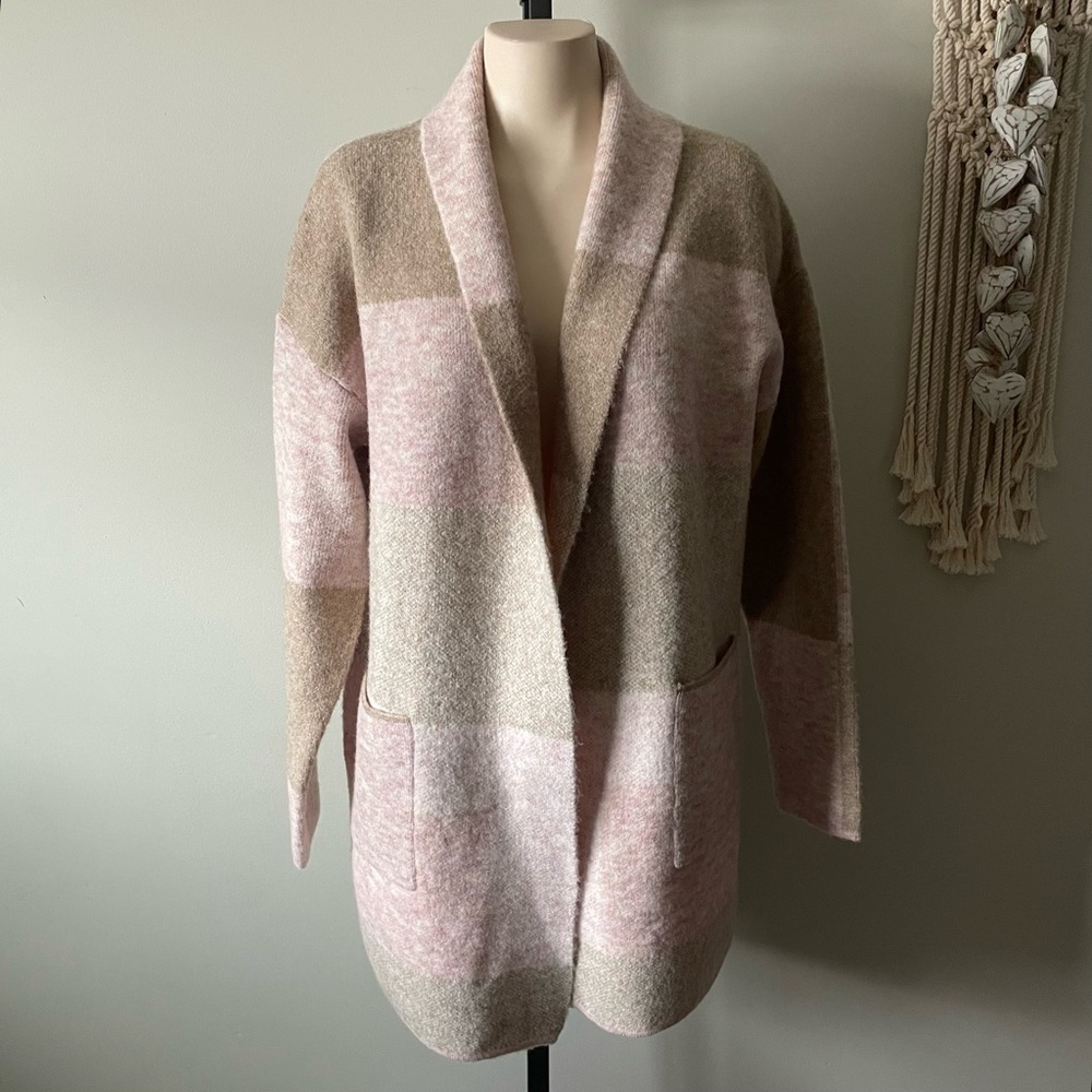 Papa Vancouver Pink Tan Colorblock Open Coatigan Cardigan Jacket Long Sleeve